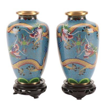 Pair of Chinese Cloisonné Dragon Vases with Wooden Bases