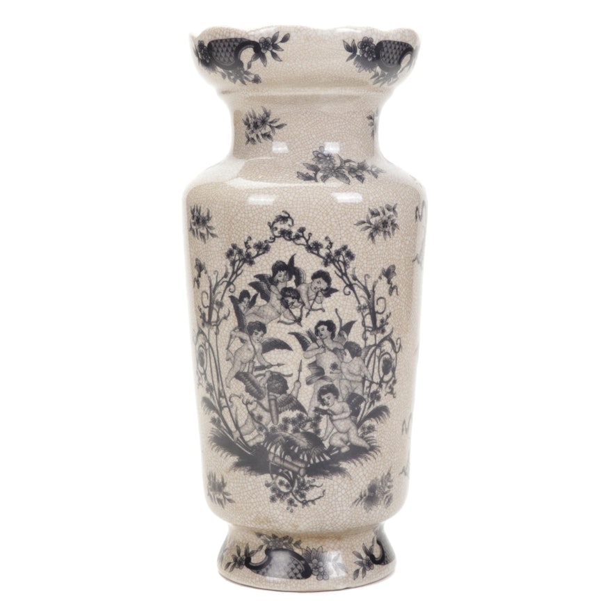 Crackle Glazed Transferware Vase with Cherub and Putti Motif