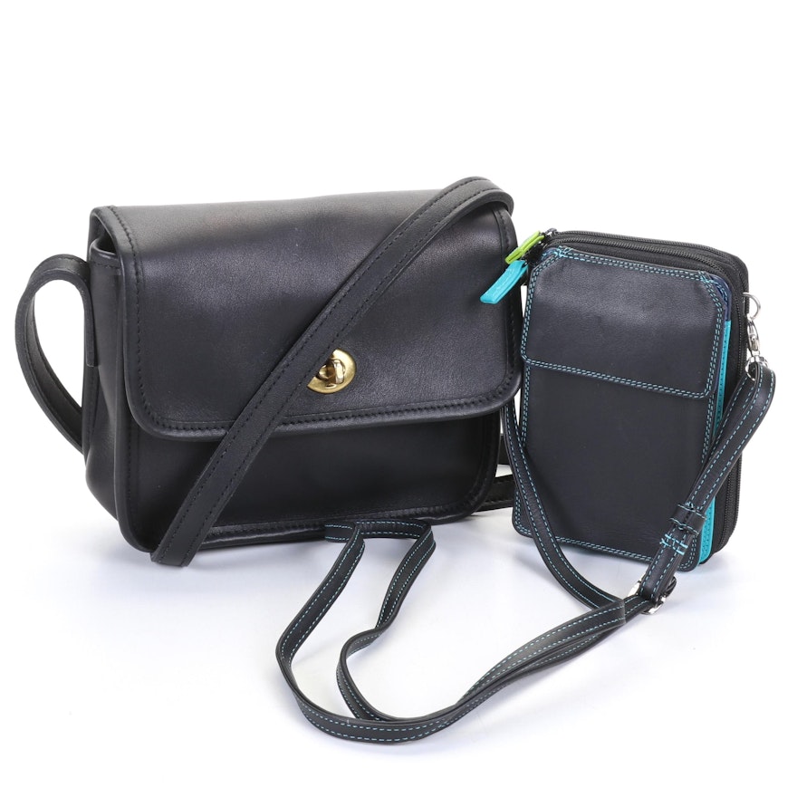 Jack Georges Black Leather Shoulder Bag with Mywalit Crossbody Zip Wallet
