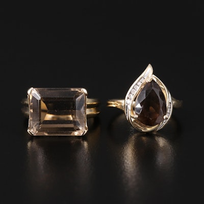 10K 0.06 CTW Diamond, Smoky Quartz and Faceted Glass Rings