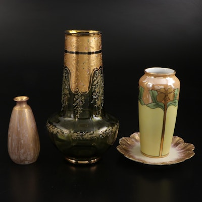 Bohemian Style Gilt and Enamel Decorated Glass Vase with Other Vases and Saucer
