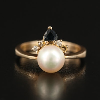 14K Pearl, Sapphire and Diamond Ring