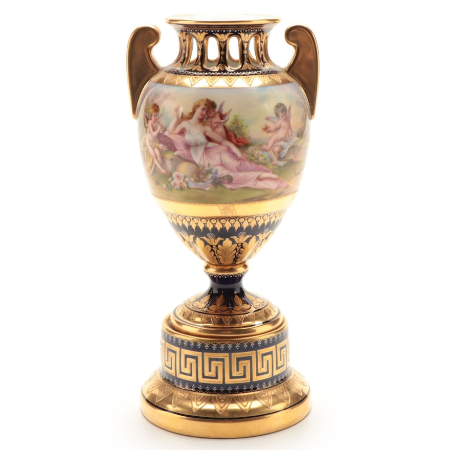 German Neoclassical Style "Musick" Porcelain Mounted Amphora Vase