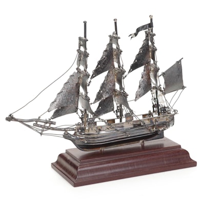 Mexican Sterling Silver and Silver Plate Three-Masted Fully-Rigged Ship