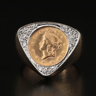 14K 0.24 CTW Diamond Ring with 1853 Liberty Head $1 Gold Coin