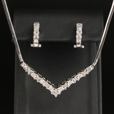 14K 0.90 CTW Diamond Chevron Necklace and 0.67 CTW Diamond J Hoop Earrings