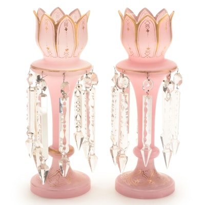Pair of Gilt Accented Pink Satin Glass Mantle Lusters, Late 19th/ Early 20th C.