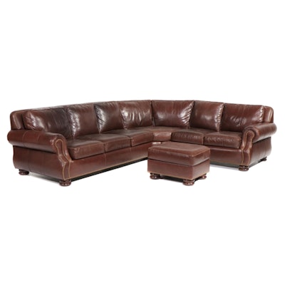 Hancock & Moore Brass-Tacked Leather Two-Piece Sectional with Ottoman