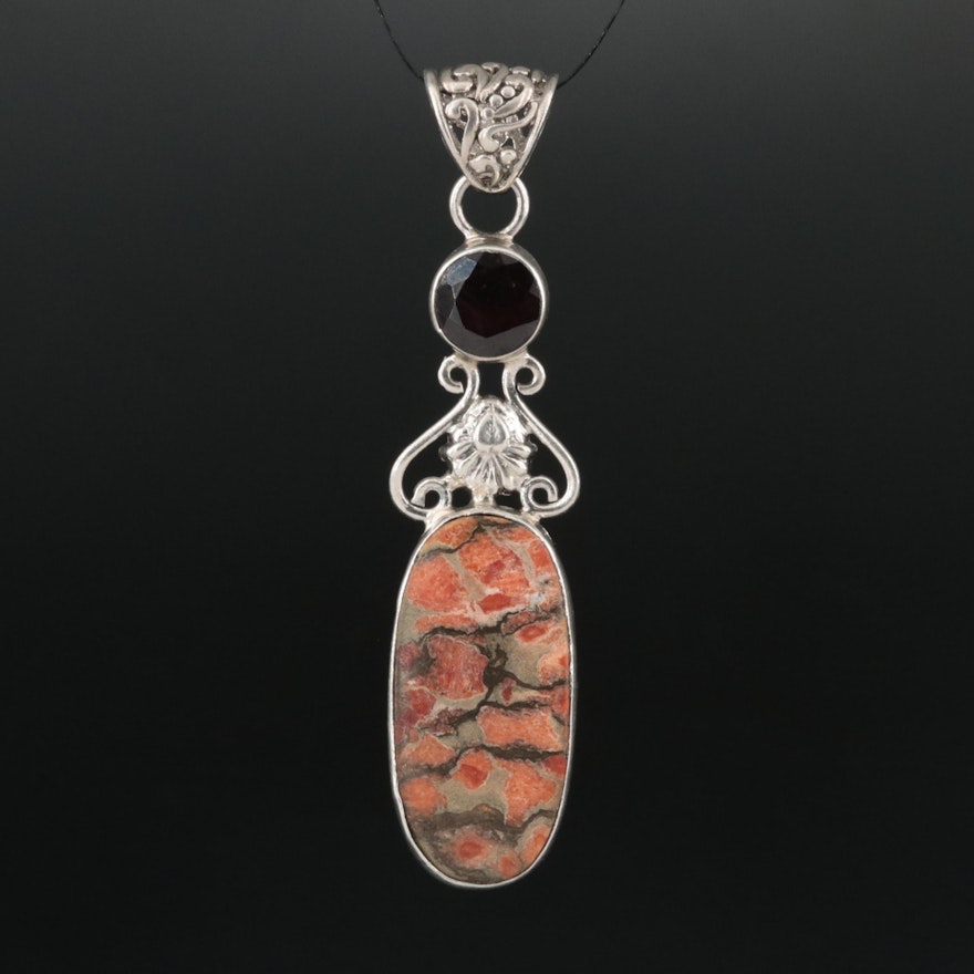 Sterling Coral Composite and Garnet Pendant
