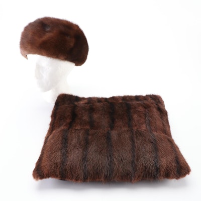 Brown-Dyed Muskrat Fur Muff and Demi Buff Brown Mink Fur Cap