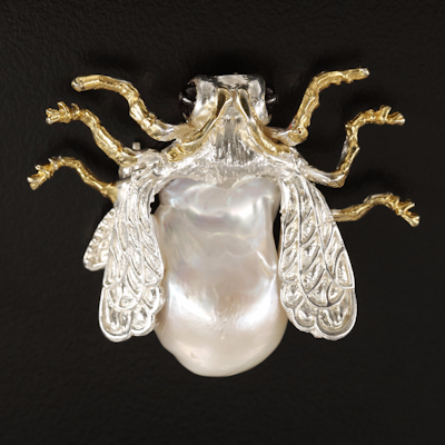 Sterling Pearl and Garnet Insect Brooch