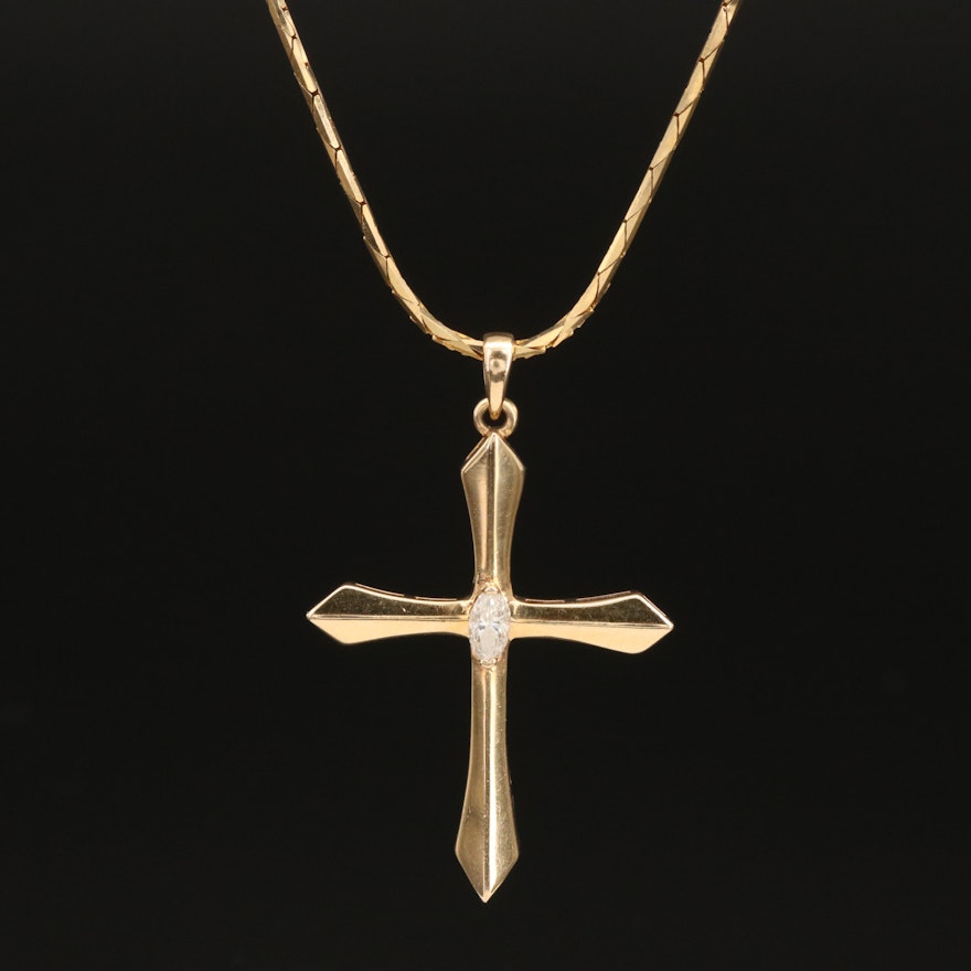 14K 0.23 CT Diamond Cross Pendant on Italian Baht Chain Necklace