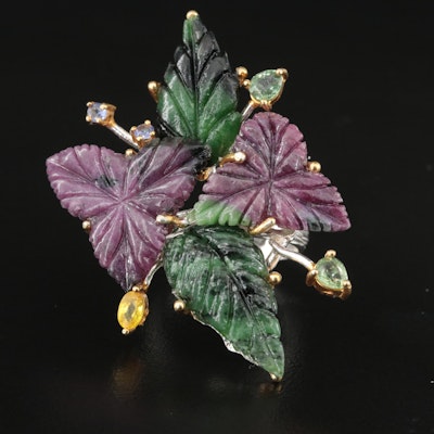Sterling Carved Tourmaline, Sapphire and Tanzanite Foliate Ring