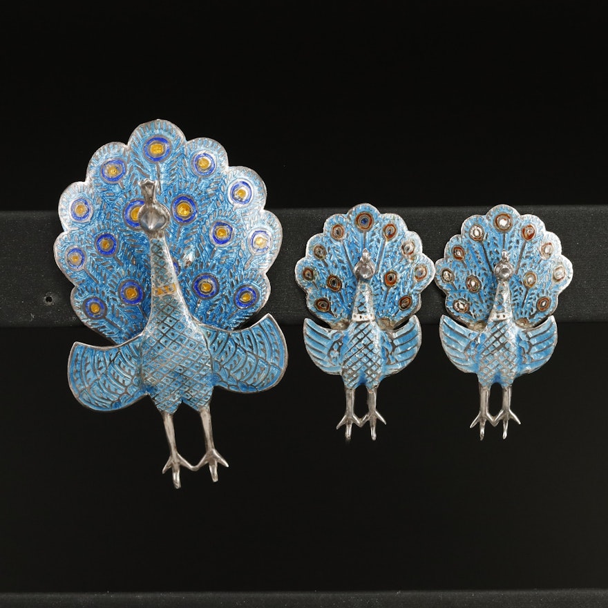 Thai Sterling Cloisonné Peacock Earrings and Brooch