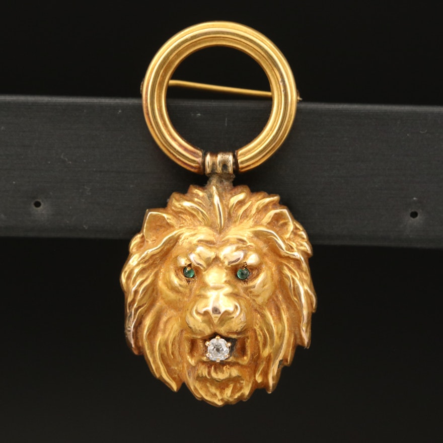 Victorian Lion 10K 0.08 CT Diamond and Emerald Brooch
