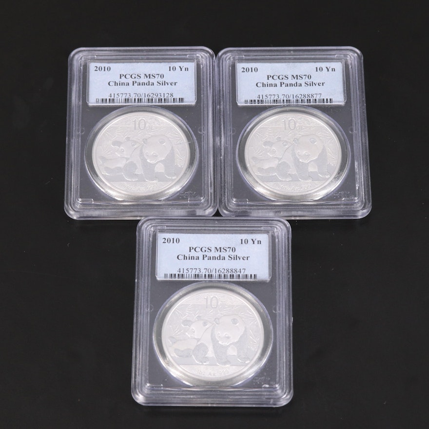 Three NGC Certified MS70 2010 Chinese Panda 10 Yuan Silver Coins