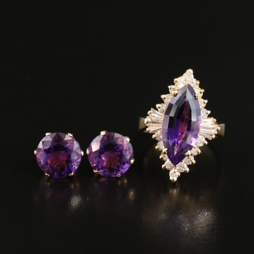 14K Amethyst and 1.00 CTW Diamond Marquise Ring and Amethyst Stud Earrings