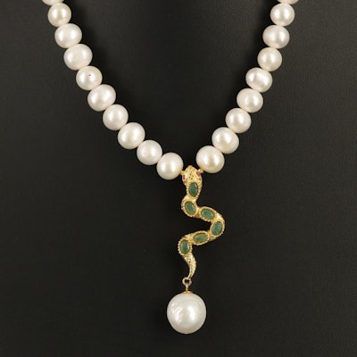Sterling Pearl and Emerald Snake Necklace
