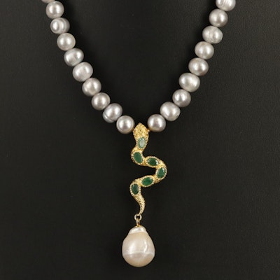 Sterling Pearl and Emerald Snake Necklace