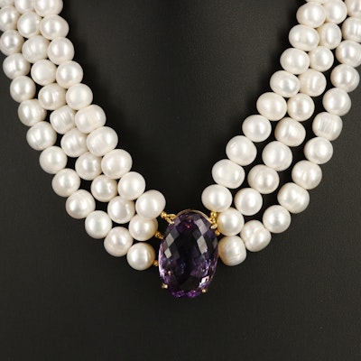 Sterling Pearl and Amethyst Festoon Necklace