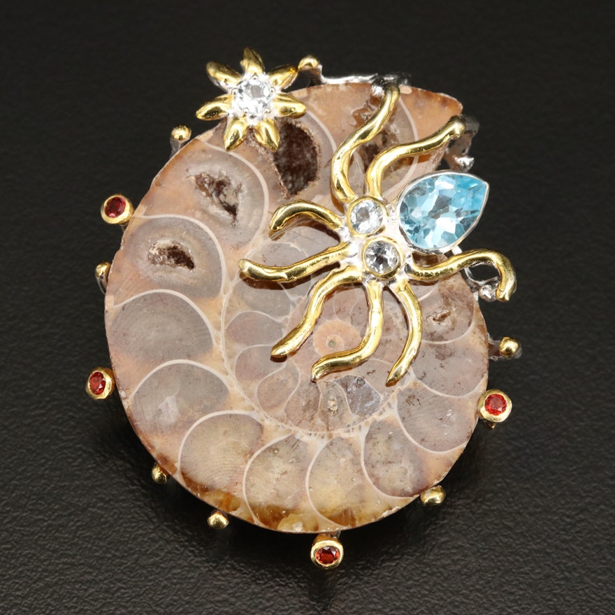 Sterling Ammonite Pendant with Topaz and Garnet