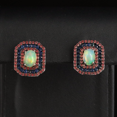 Sterling Opal and Sapphire Halo Earring