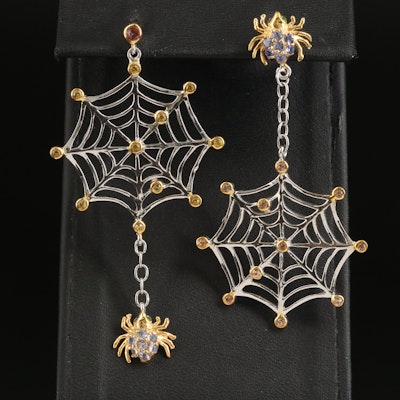 Sterling Tanzanite and Sapphire Spider and Web Drop Earrings