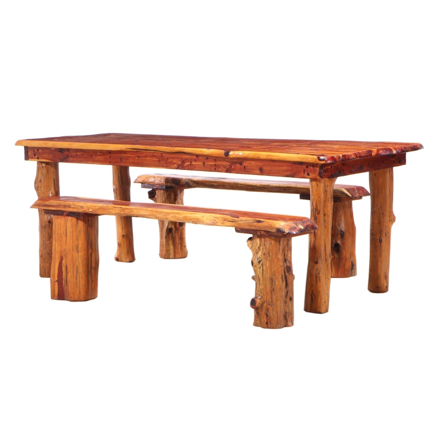 Rustic Cedar Dining Table with Two Benches, in Counter Height