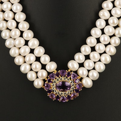 Sterling Pearl, Amethyst and White Topaz Festoon Necklace