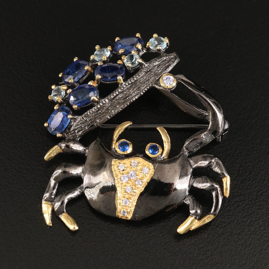 Sterling Crab Brooch with Kyanite, Topaz and Cubic Zirconia