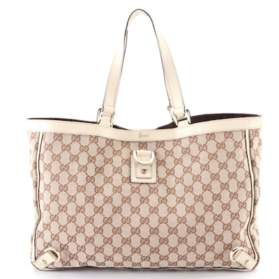 Gucci Abbey Shoulder Tote in GG Canvas and Off-White Cinghiale Leather