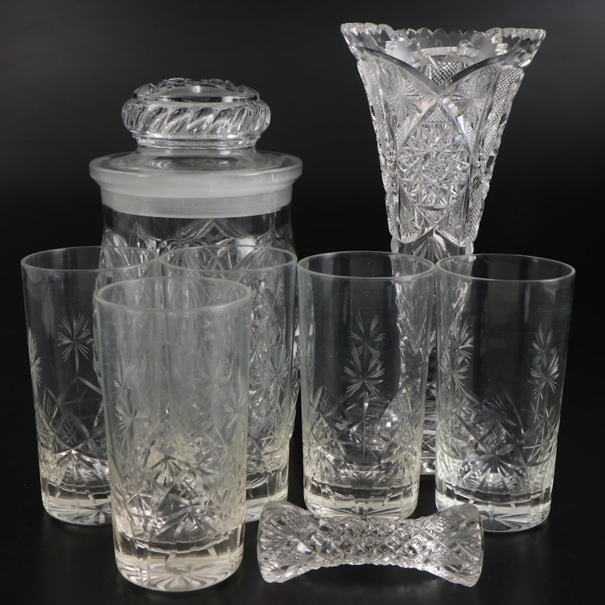 American Brilliant Style Cut Crystal Vase with Table Accessories and Drinkware
