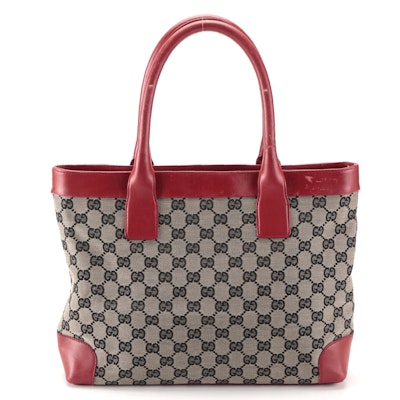 Gucci Small Tote Bag in GG Canvas and Red Smooth Leather