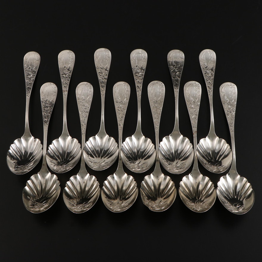 Engraved Floral Motif Sterling Silver Shell Spoons