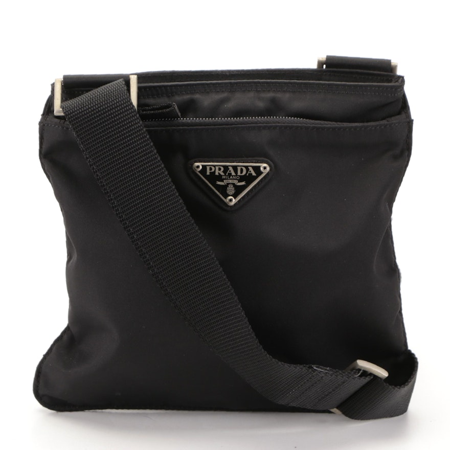 Prada Small Flat Vela Crossbody Bag in Black Tessuto Nylon and Leather