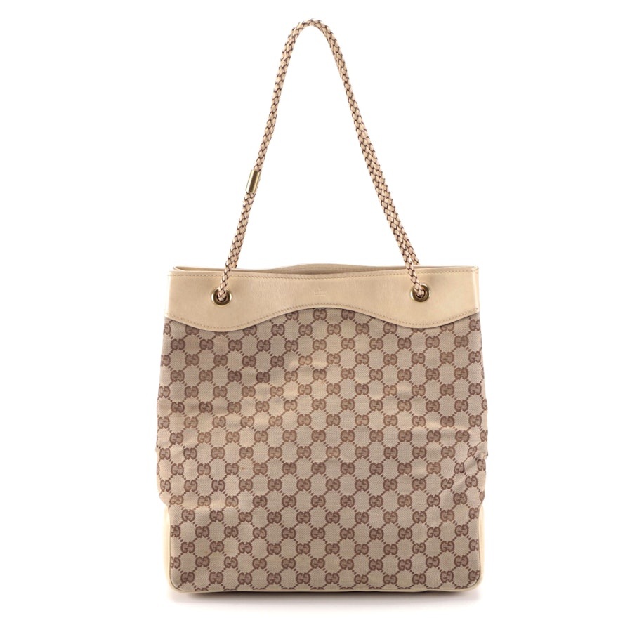 Gucci Tote Bag in GG Canvas and Leather Trim with Braided Handles