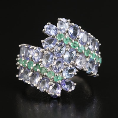 Sterling Tanzanite and Emerald Bypass Ring