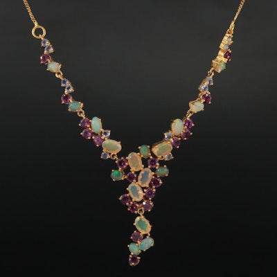 Sterling Opal, Garnet and Tanzanite Cluster Y Necklace