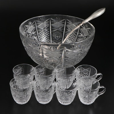 Cut Crystal Punch Bowl, Punch Cups and Sheffield Silver Plate Ladle