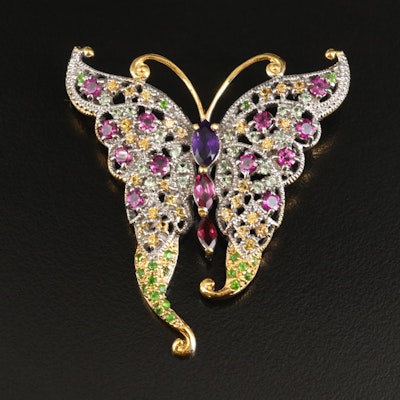 Sterling Butterfly Brooch with Amethyst, Garnet and Sapphire