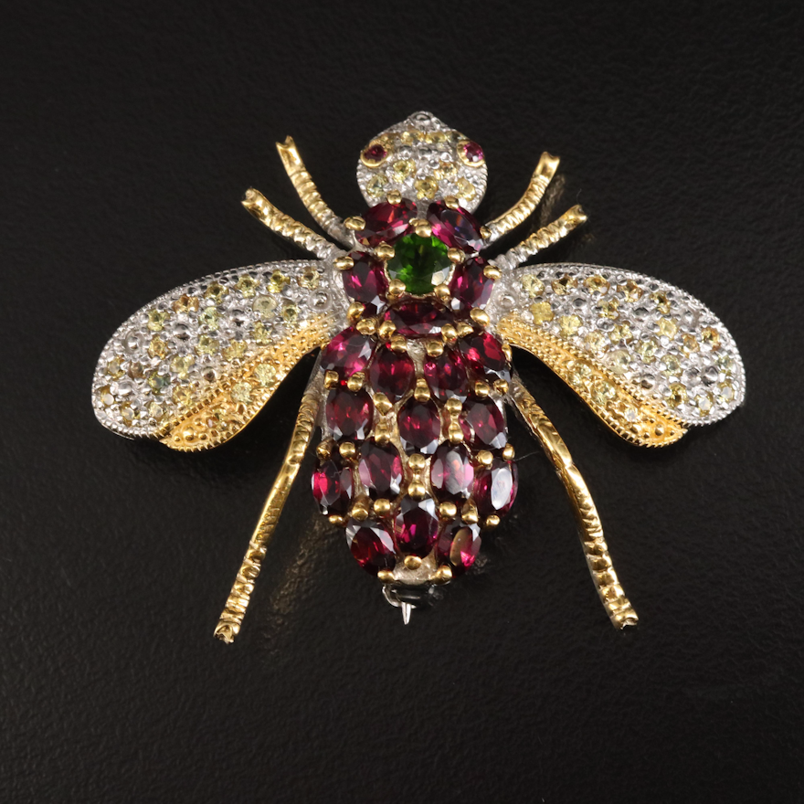 Sterling Fly Brooch with Garnet, Sapphire and Diopside