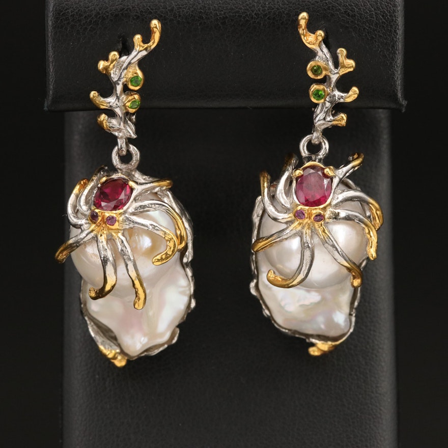 Sterling Cephalopod Earrings with Pearl, Garnet and Diopside