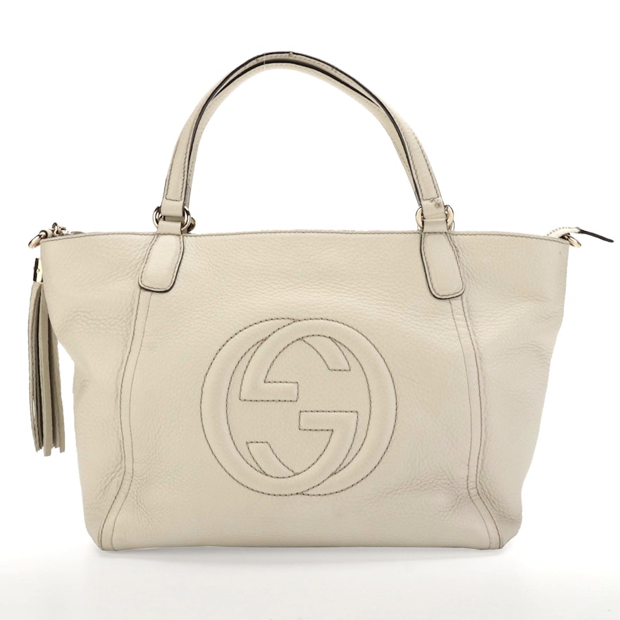 Gucci Soho Medium Zip Tote Bag in Ivory Calfskin Leather with Detachable Strap