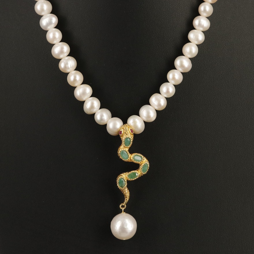 Sterling Pearl, Emerald and Ruby Snake Necklace