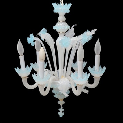 Venetian Glass Rigaree Style Milk and Aqua Glass Chandelier, Mid-20th C