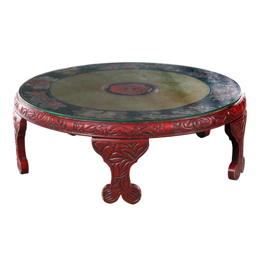 Chinese Style Red Lacquered Wood Coffee Table, 20th Century