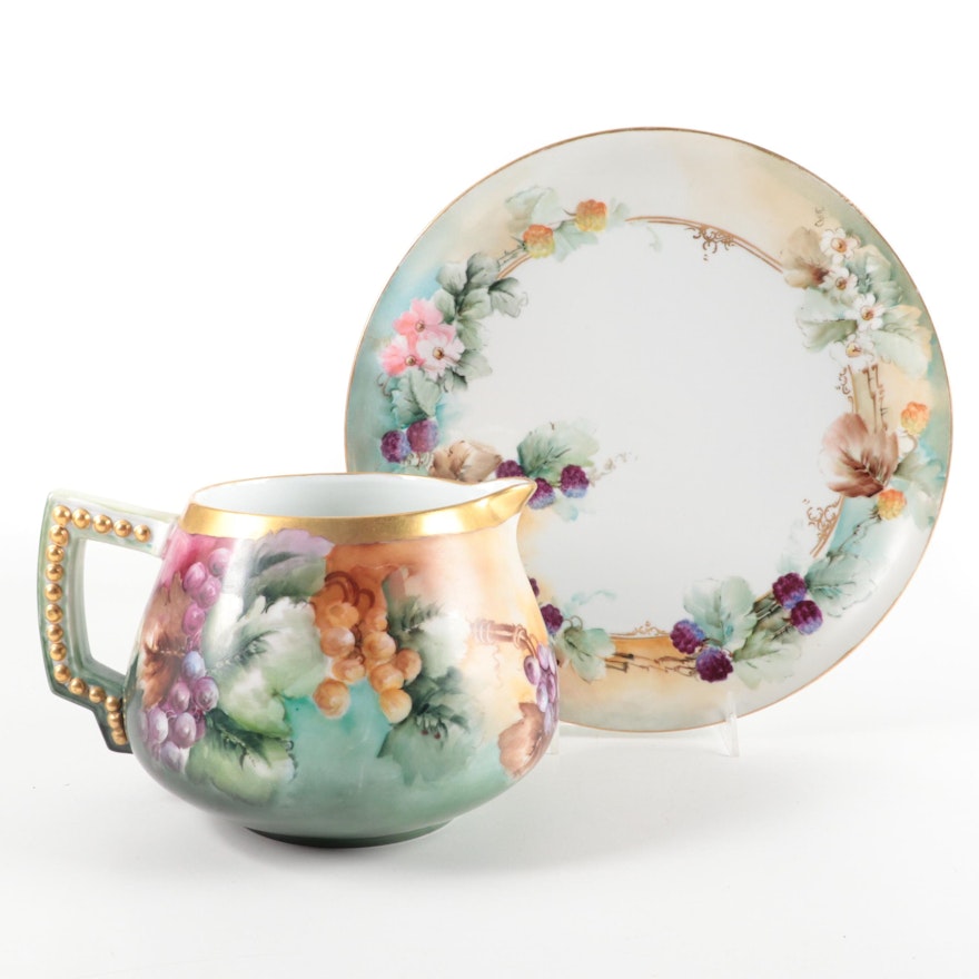 German Hand-Painted Porcelain Pitcher and Platter, Early to Mid-20th Century