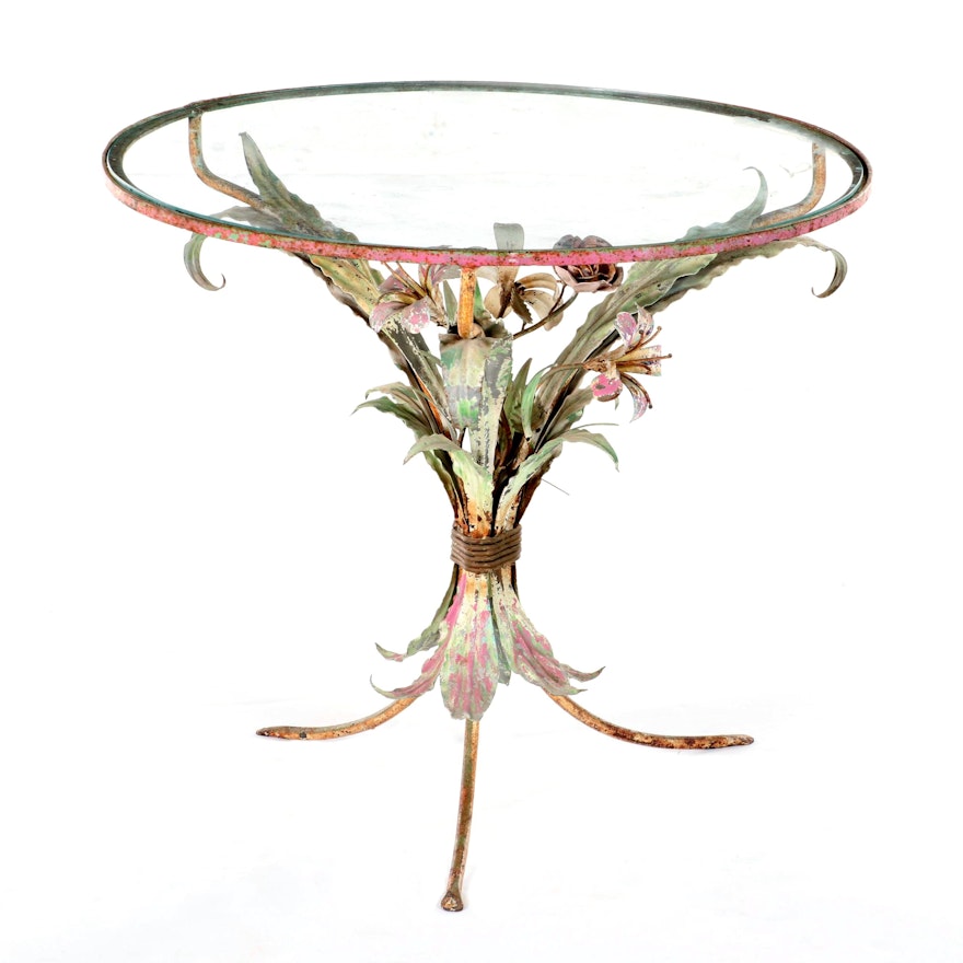 Floriform Painted Metal Side Table with Glass, Mid-20th Century