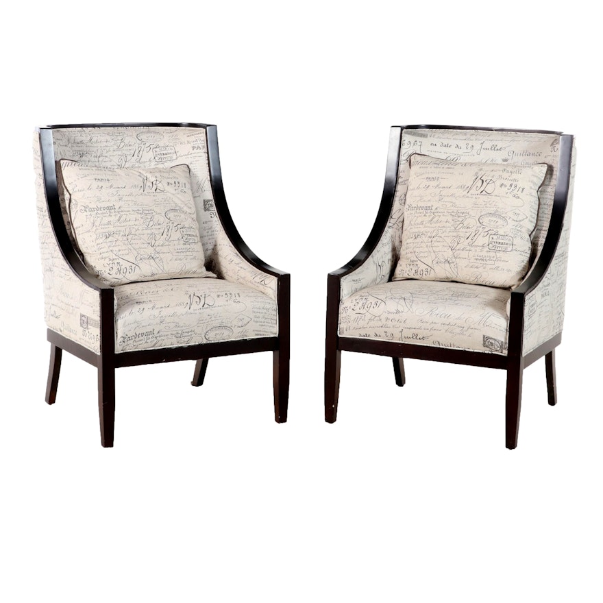Pair of Linen Upholstered Lounge Chairs with French Script