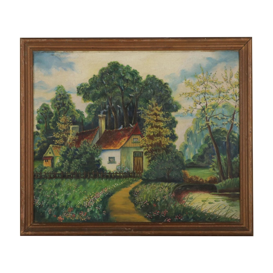 Folk Art Oil Painting of Bucolic Cottage and Pond, Mid-20th Century